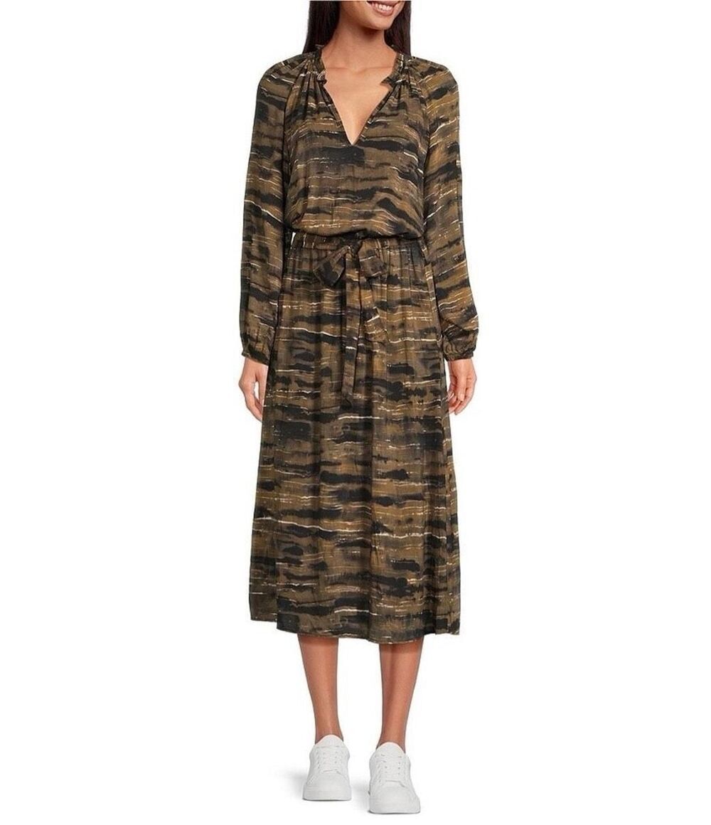 Cloth & Stone Ruffled V-Neck Animal Print Midi Dress Blouson Size Medium